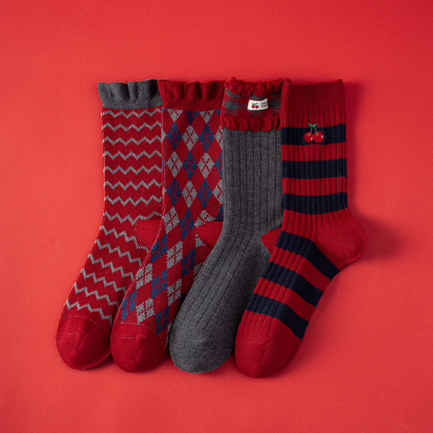 冬季羊毛袜本命年双针红色袜子女士中筒袜刺绣长筒袜马年礼盒装