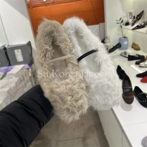 甜美松紧带羊毛平底玛丽珍鞋女