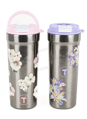 特百惠650ml易开合上盖钛杯 高颜值简约便携繁花女生礼物保温杯