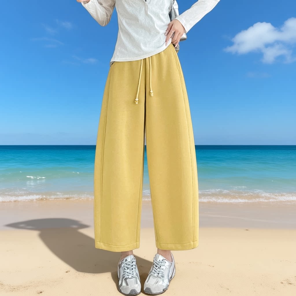 黄色高腰阔腿裤女九分弯刀裤宽松显瘦小个子休闲裤时尚垂感气球裤