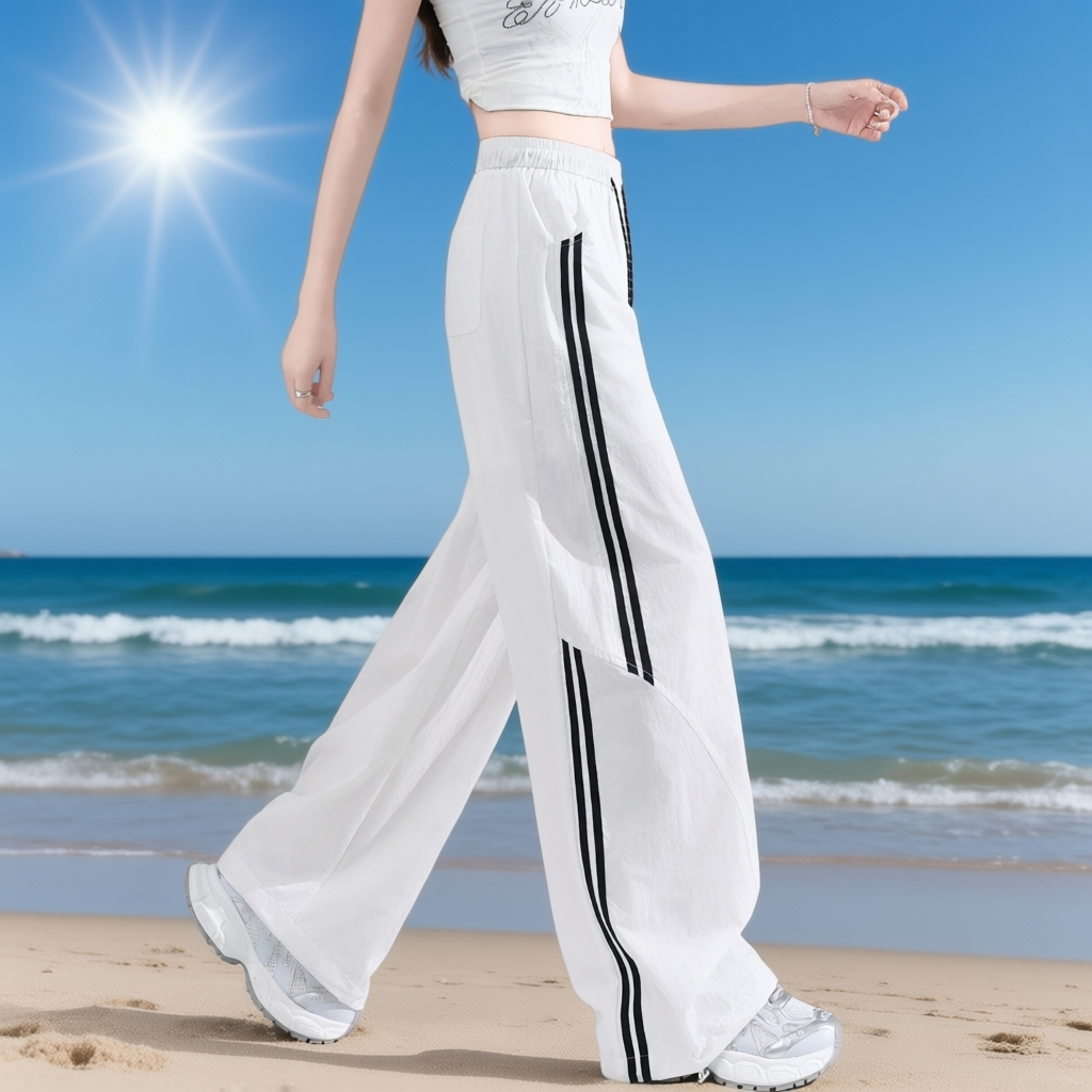 白色冰丝速干条纹阔腿裤女夏季薄款宽松休闲运动裤两穿工装裤防蚊