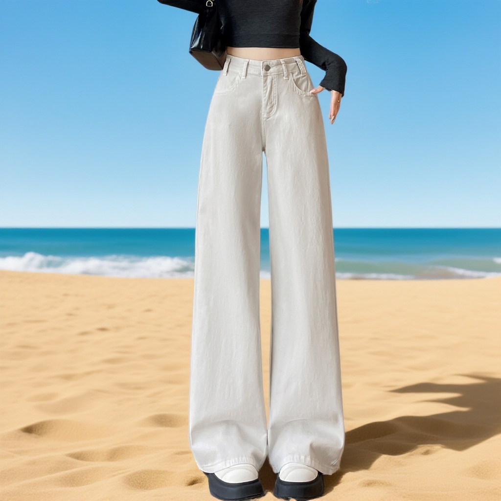 灰白色高腰牛仔阔腿裤女2026春季新款显瘦直筒长裤窄版直筒牛仔裤