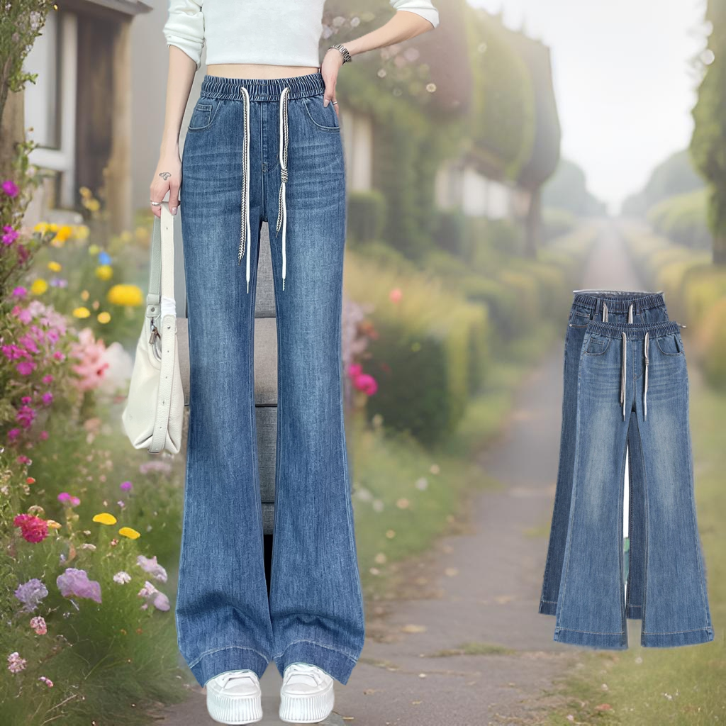 拉菲红微喇牛仔裤女网红春秋新款高腰宽松显瘦直筒裤女垂坠感长裤