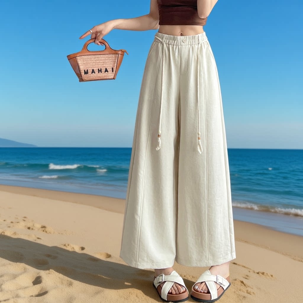 高腰垂坠感阔腿裤女夏季宽松显瘦休闲慵懒风九分裤文艺复古亚麻裤