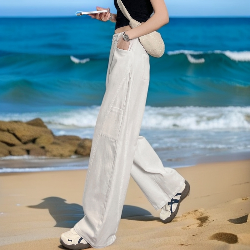 白色阔腿牛仔裤女夏季薄款宽松显瘦长裤休闲直筒裤时尚弯刀裤加长