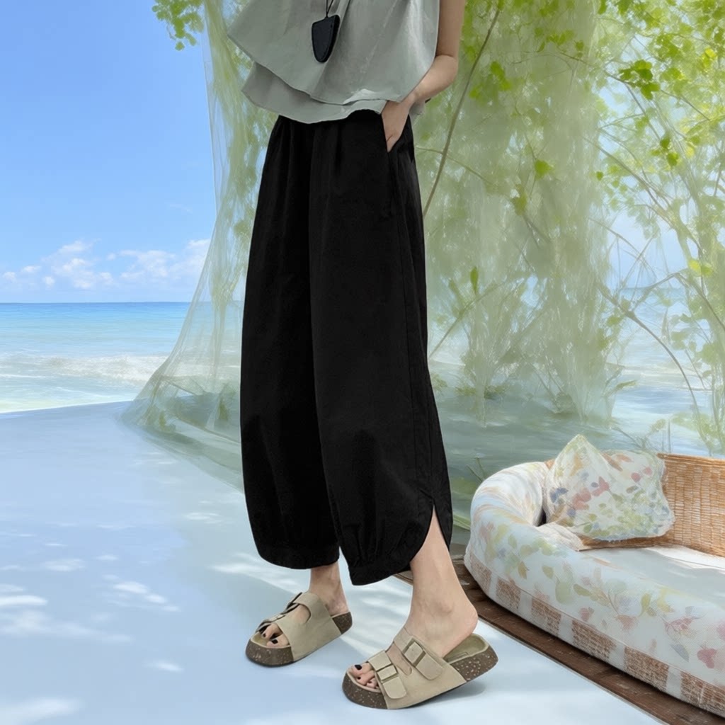 黑色高腰阔腿裤女宽松九分哈伦裤小个子显高灯笼裤夏季薄款萝卜裤