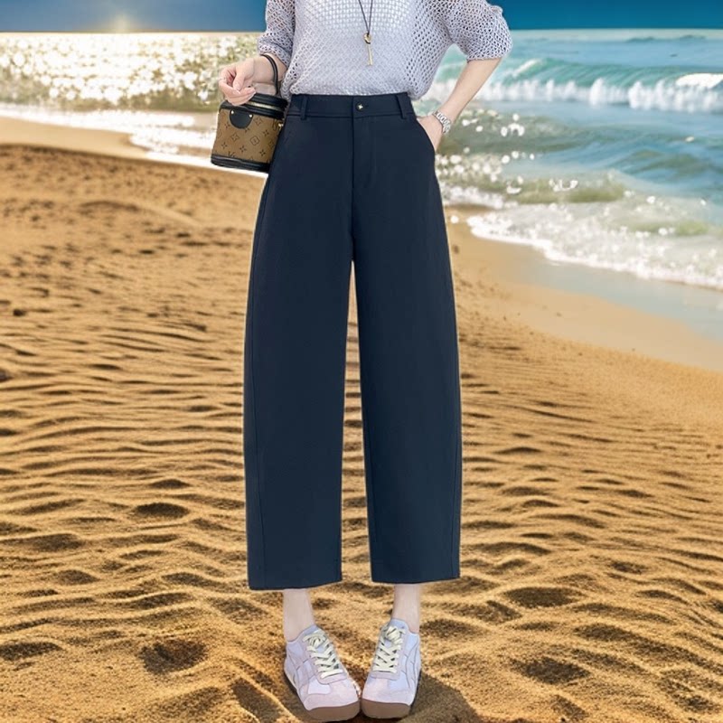 高腰弯刀阔腿裤女黑色宽松显瘦小个子慵懒风百搭九分裤哈伦萝卜裤