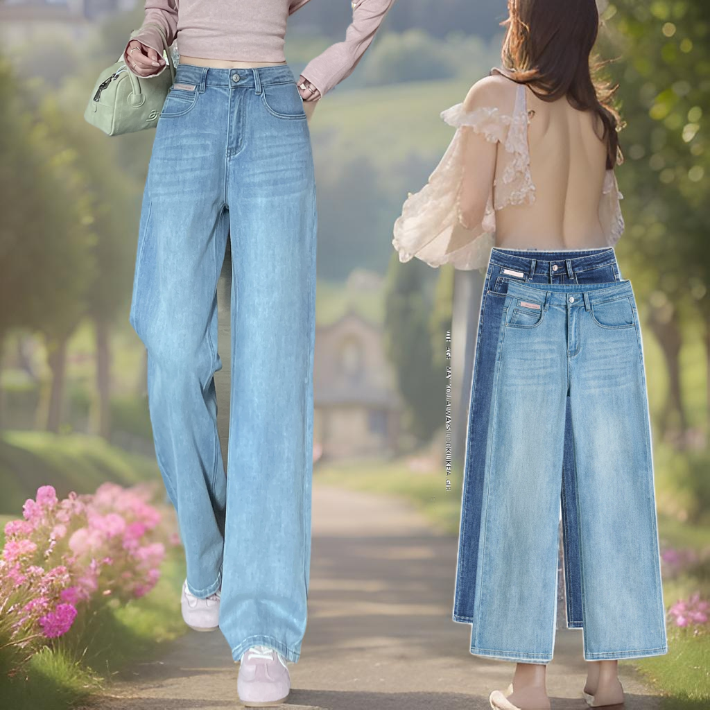 浅蓝色直筒牛仔裤女2026春秋新款高腰宽松显瘦高个子窄版阔腿长裤