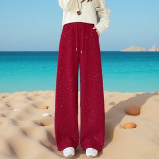 红色烫钻直筒休闲裤女抽绳宽松阔腿裤显瘦百搭加绒加厚弯刀香蕉裤