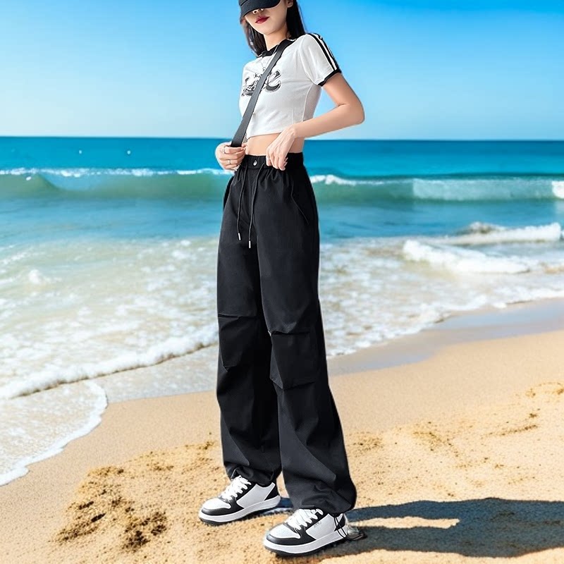 黑色高腰阔腿工装裤女薄款防晒抽绳伞兵裤休闲裤夏季冰丝直筒裤子