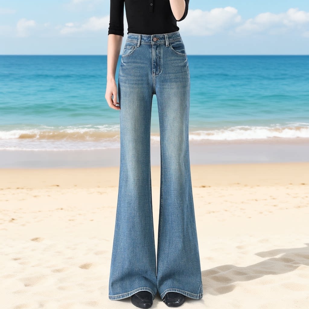 四面弹高腰微喇牛仔裤女显瘦修身阔腿喇叭裤垂感拖地裤高个子加长