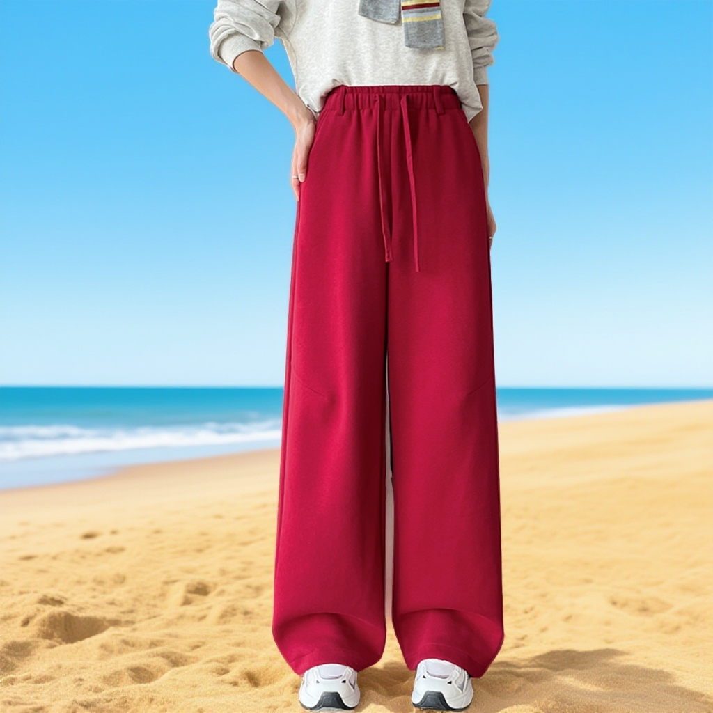 红色抽绳弯刀裤女宽松阔腿裤显瘦百搭垂感休闲裤两穿运动裤直筒裤