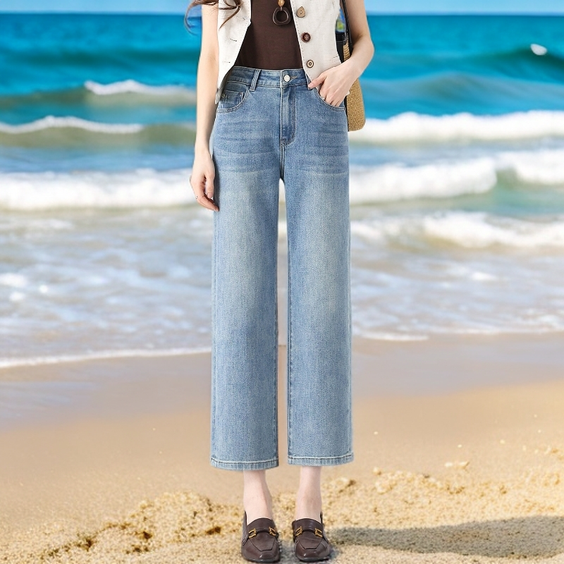 休闲风九分直筒牛仔裤女高腰显瘦小个子窄版烟管裤2026年春装新款