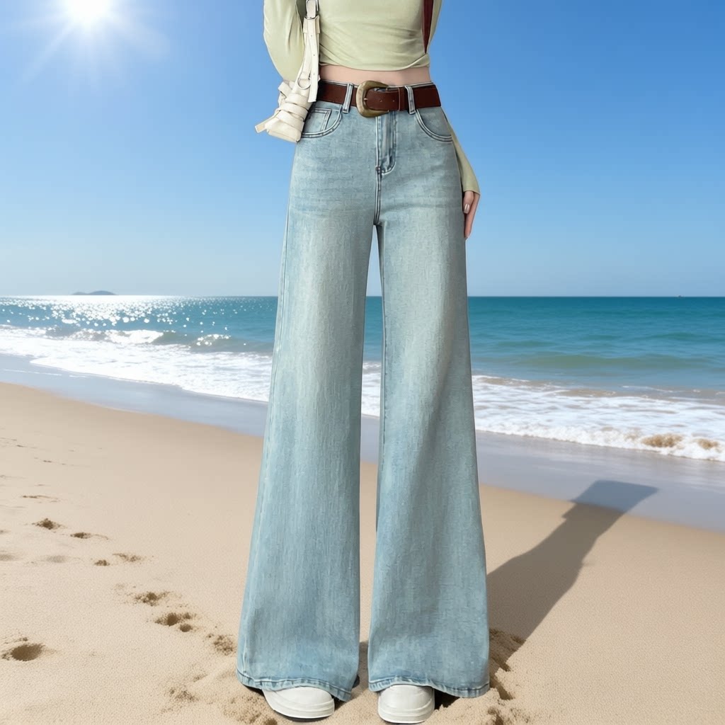 高腰水洗阔腿牛仔裤女浅蓝色宽松显瘦微喇叭裤长裤垂坠感直筒裤子