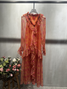 琳烺红标了然2026春夏橘色桑蚕丝v领荷叶边宽松显瘦长袖连衣裙