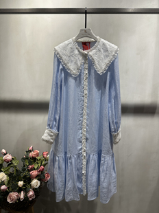 红标了然2026春夏大翻领亚麻蓝白条宽松气质衬衫连衣裙