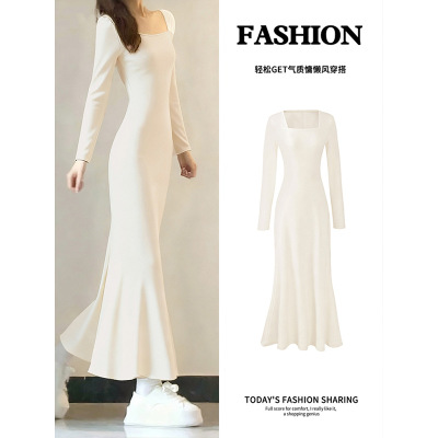 白色步步生莲鱼尾裙连衣裙女秋冬季内搭针织梨形伯克利包臀长裙子