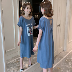2025夏装女装大码韩版中长款短袖T恤裙学生宽松小心机露背连衣裙