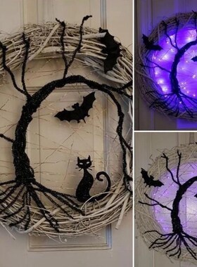 37CM Happy Halloween Wreath With LED Light Up Black Bat Cat