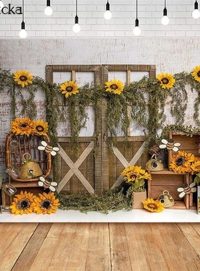 Mocsicka Spring Sunflowers Wooden Door Backdrops Bee Day Ho