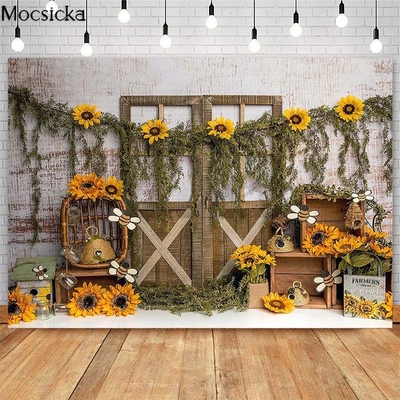 Mocsicka Spring Sunflowers Wooden Door Backdrops Bee Day Ho