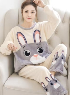 2021 Autumn Winter Warm Flannel Women Pyjamas Sets Thick Cor