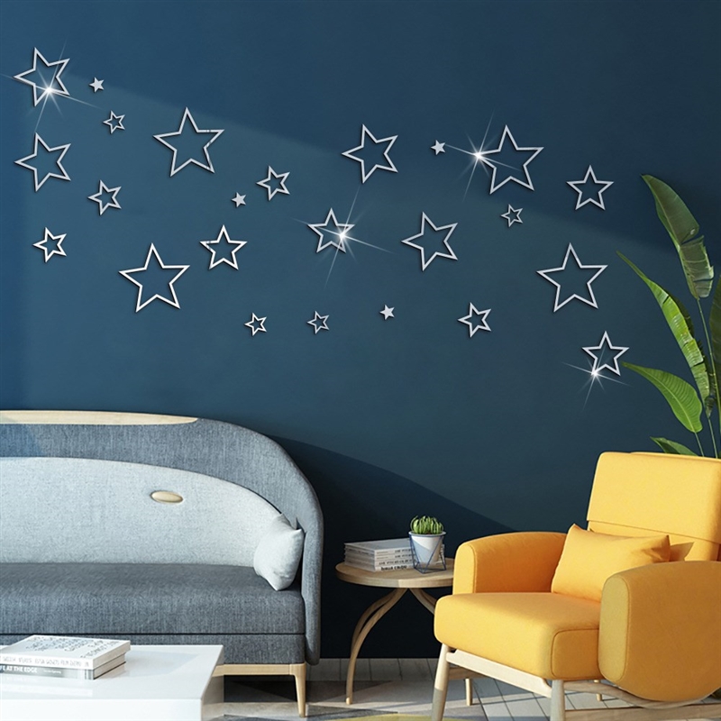 24 Pcs Hollow Star Mirror Wall Stickers for Kids Rooms Bedr