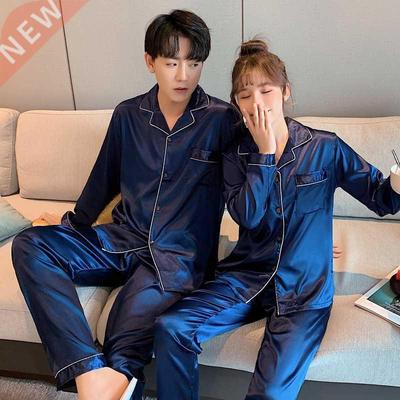 Sleepwear Men Silk Satin Solid Color Pajama Sets Couple Long