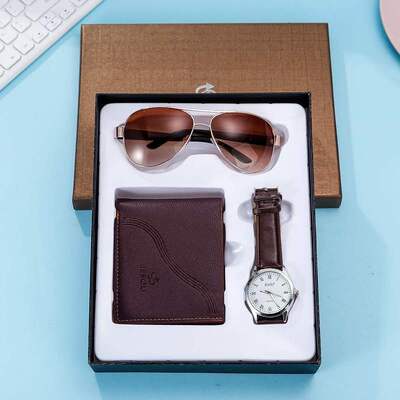 Men's gift set Wallet + large dial quartz watch + gl