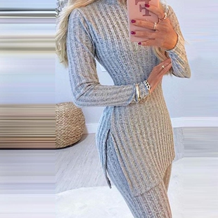 Women Winter 2pcs Suit Long Sleeve Ribbed Slit Long Top and