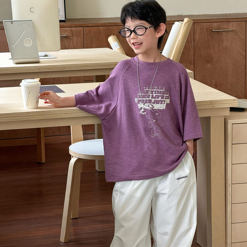 男童紫色夏季卡通插肩短袖T恤