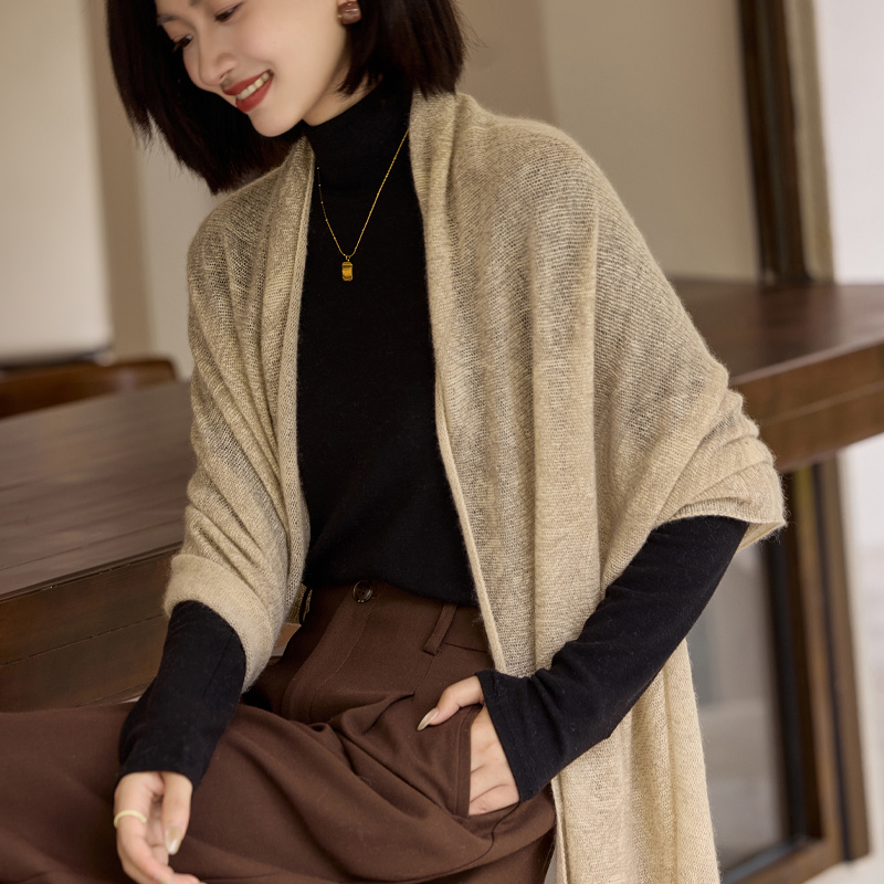 春秋款100%纯羊绒大披肩开衫女保暖围脖蝙蝠袖针织五分袖毛衣外套