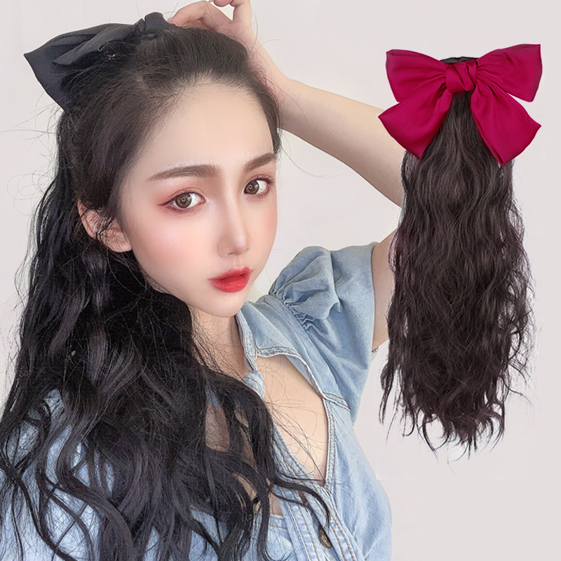 蝴蝶结马尾真人发丝假发女长发马尾假发女抓夹式水波纹长卷发马尾