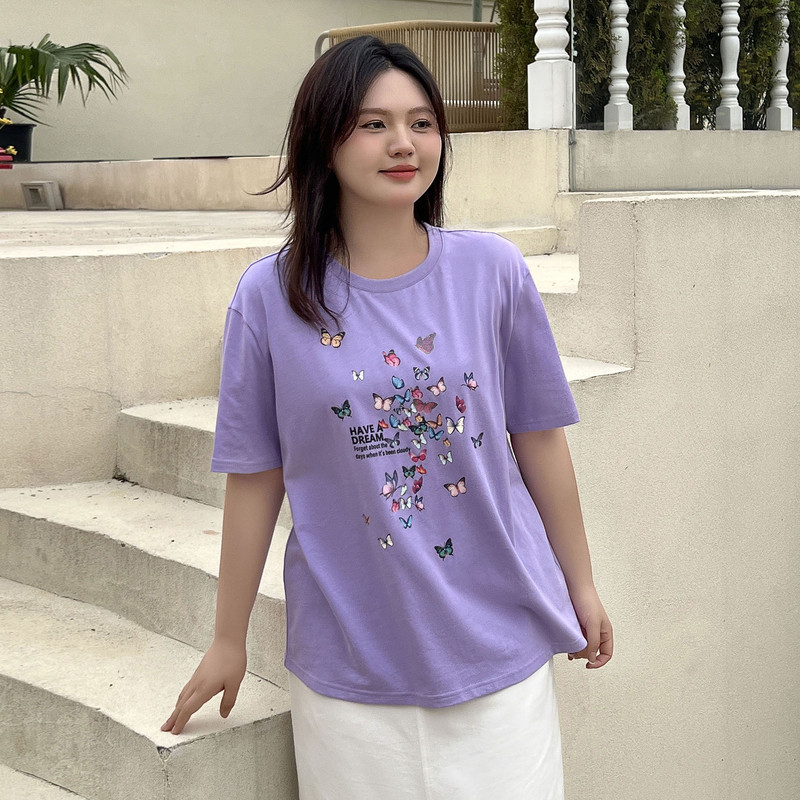 纤莉秀大码女装2024夏新品胖mm清新唯美蝴蝶印花休闲减龄圆领t恤