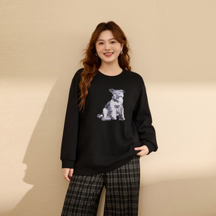 女装 纤莉秀大码 休闲圆领上衣胖mm2025冬新款 慵懒落肩抓毛卫衣