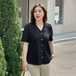 胖mm法式 纤莉秀大码 2024夏新品 气质 女装 优雅别致蕾丝花边V领衬衫