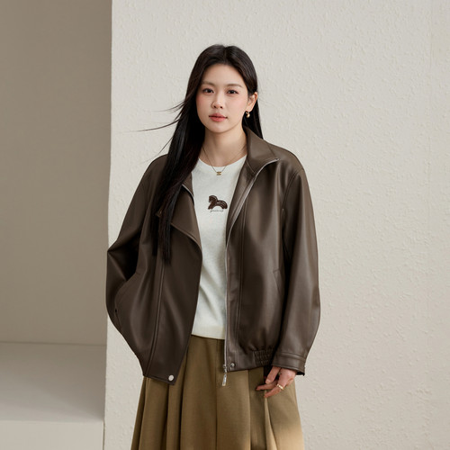 【复古百搭PU皮外套】纤莉秀大码女装设计感开衫胖mm2026春装新款