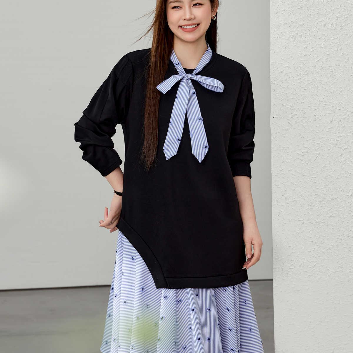 【设计感拼接莱赛尔条纹连衣裙】纤莉秀大码女装胖mm2025春装新款