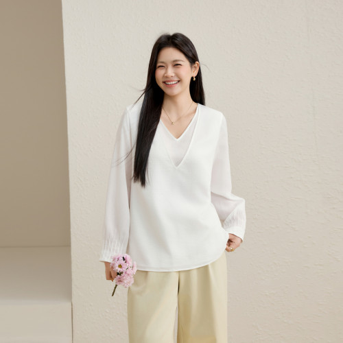 【醋酸混纺】海屿微光双V设计轻薄衬衫纤莉秀大码女装胖mm春新款