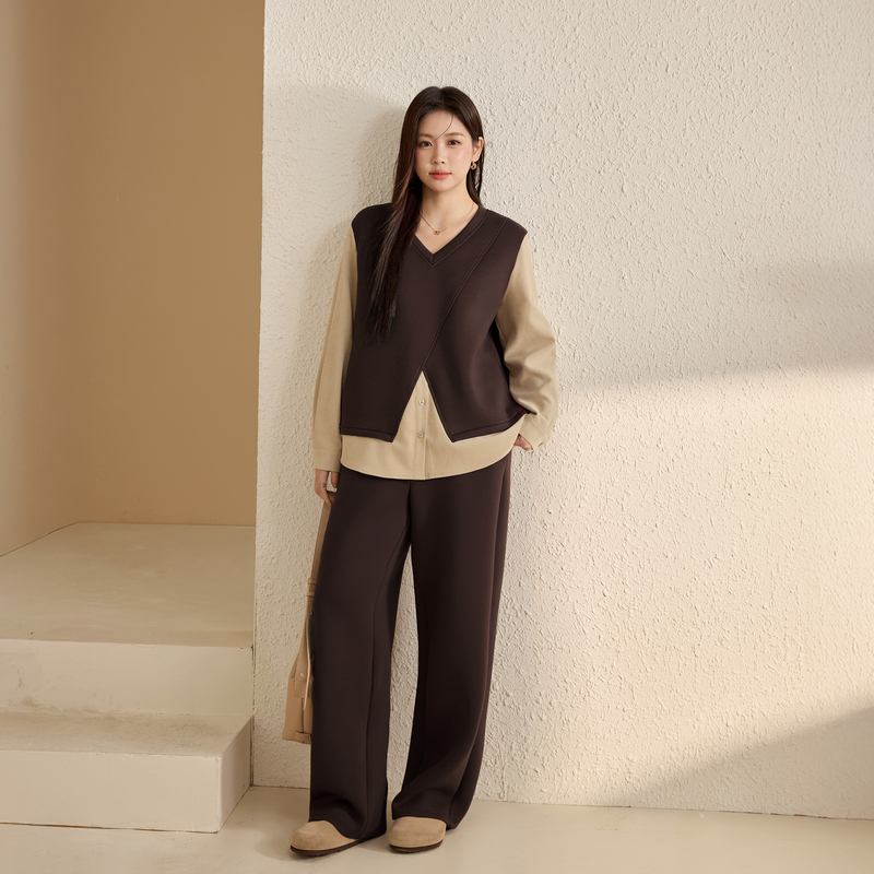 纤莉秀拼接设计上衣休闲裤两件套