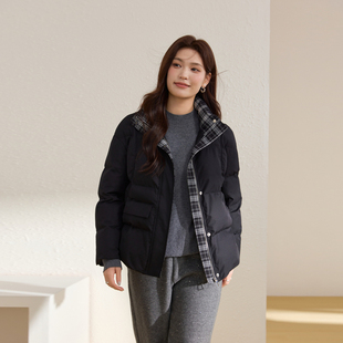 女装 时髦立领内里保暖面包棉服纤莉秀大码 胖mm冬新款 格纹双拼