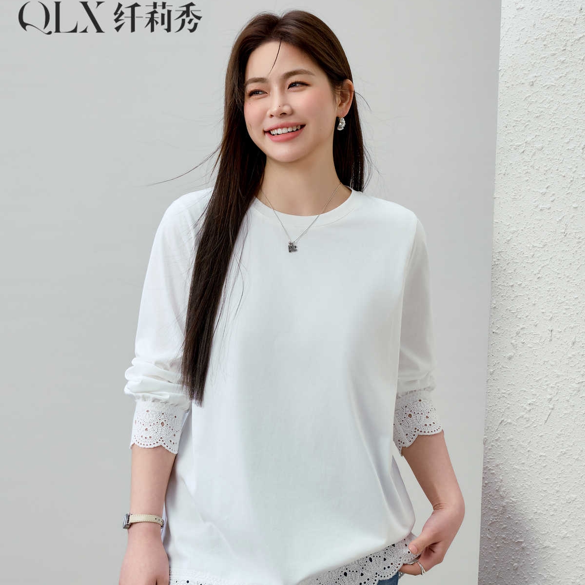 纤莉秀大码女装花边休闲显瘦T恤