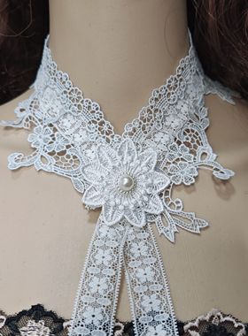 新款欧美风假领子渐变水蓝色别针系带不规则多层穿带蕾丝超仙颈带