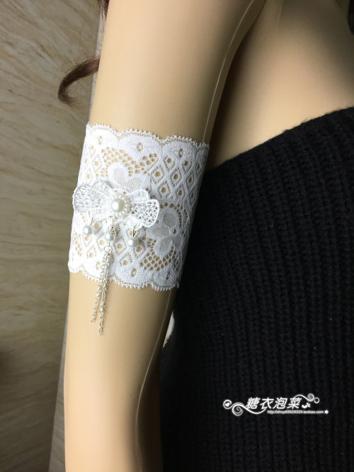 新女纹身疤痕遮盖臂饰蕾丝松紧臂环 蝴蝶珍珠臂花单只白色多色