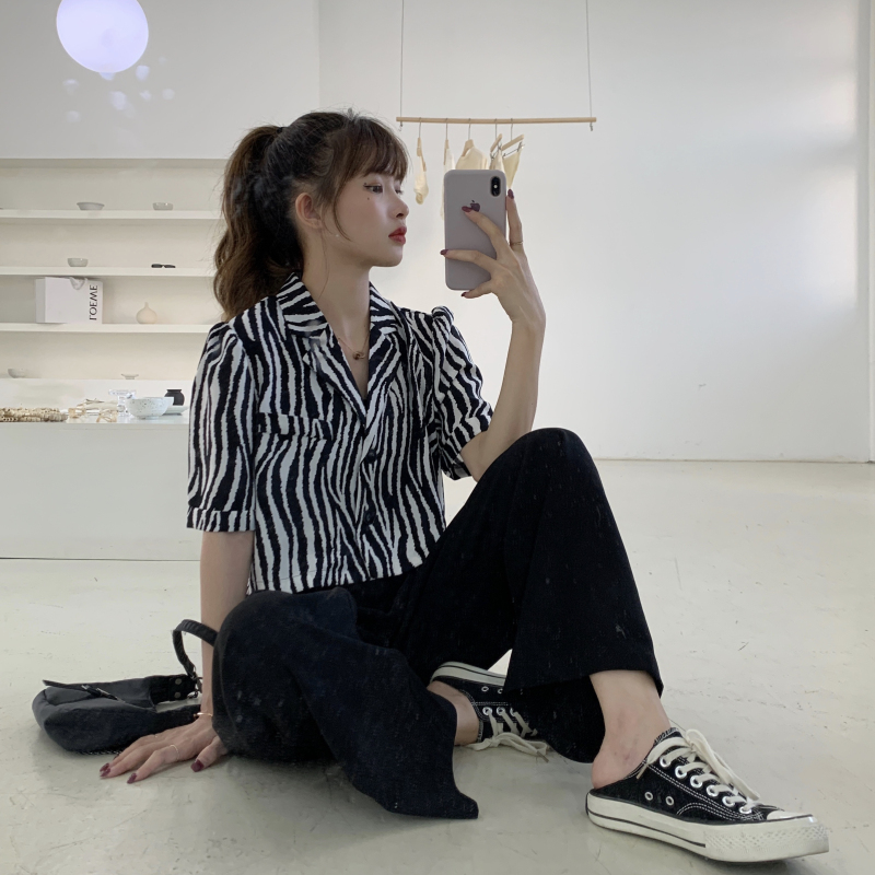 Real price ~ New Korean versatile leopard zebra suit collar shirt cardigan