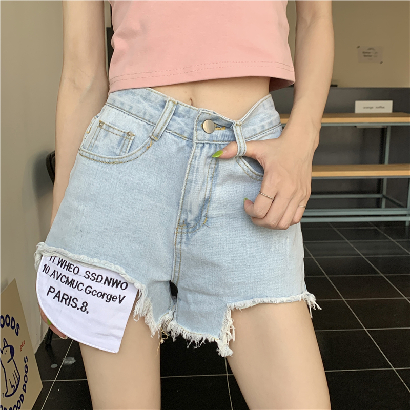 Real shot and real price new Korean version pierced burr pocket exposed embroidery denim shorts