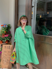 Real price ~ Korean version baby collar drawstring bubble short sleeve pocket medium length shirt dress