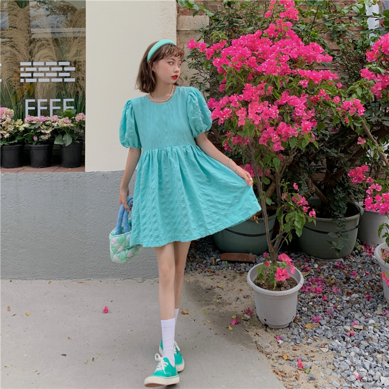 Real price ~ New slim waist sweet short sleeve printed Mini fresh mid long dress