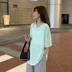 實拍實價~夏季韓版新款假兩件破洞寬鬆顯瘦百搭T恤