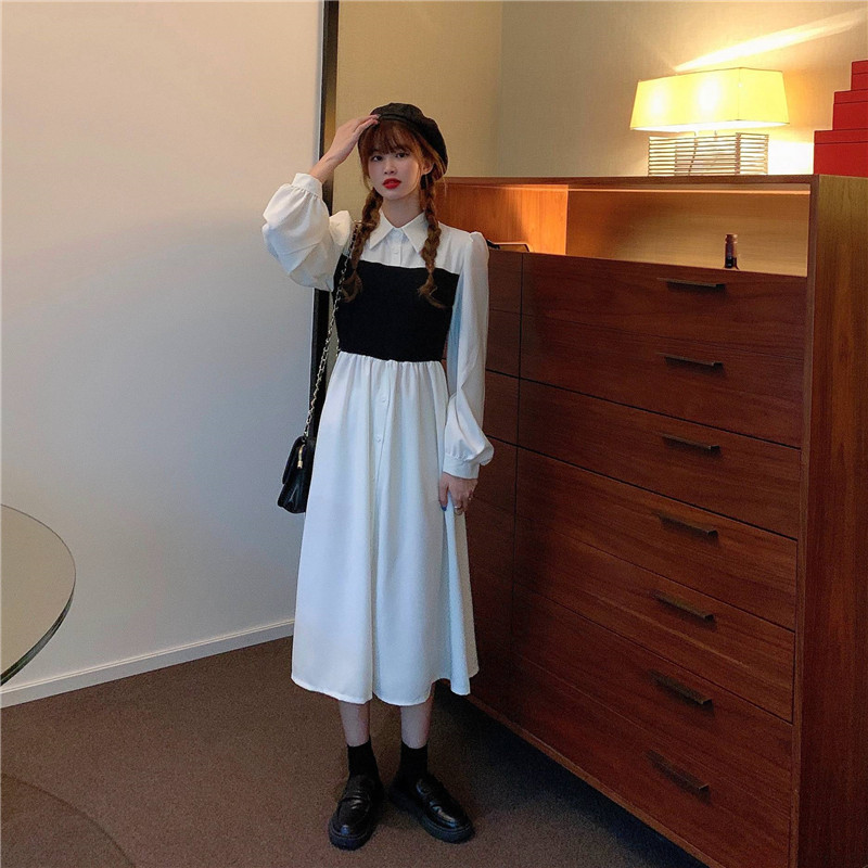 Real shot real price ~ Korean new shirt fake two pieces of medium length dress